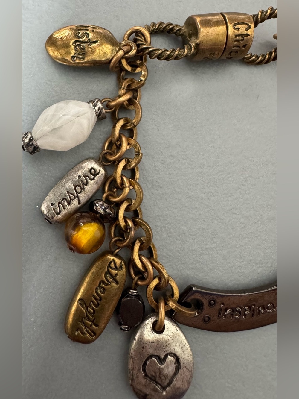Chico's Gold-Tone Charm Bracelet with White and Amber Accents motivational boho - Picture 2 of 7